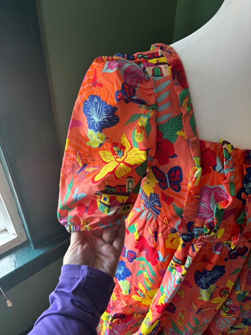 Disney Encanto Coral Tropical Floral Dress with Purple Sleeve Detail - Picture 2 of 7